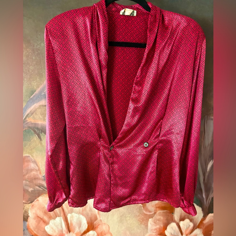 Vintage Magenta and Black Print Blouse Size M